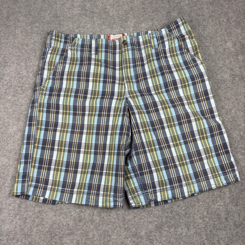 Y2K Mossimo Flat Front Shorts Mens Size 40 Plaid Blue Yellow Checkered Casual